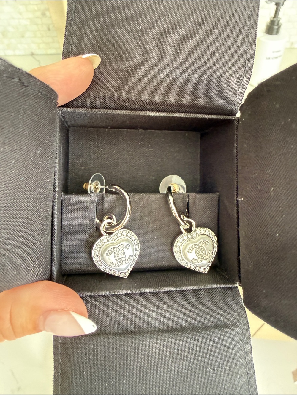 CHANEL Silver Heart CC Charm Hoop Earrings with Crystals BRAND NEW with tags